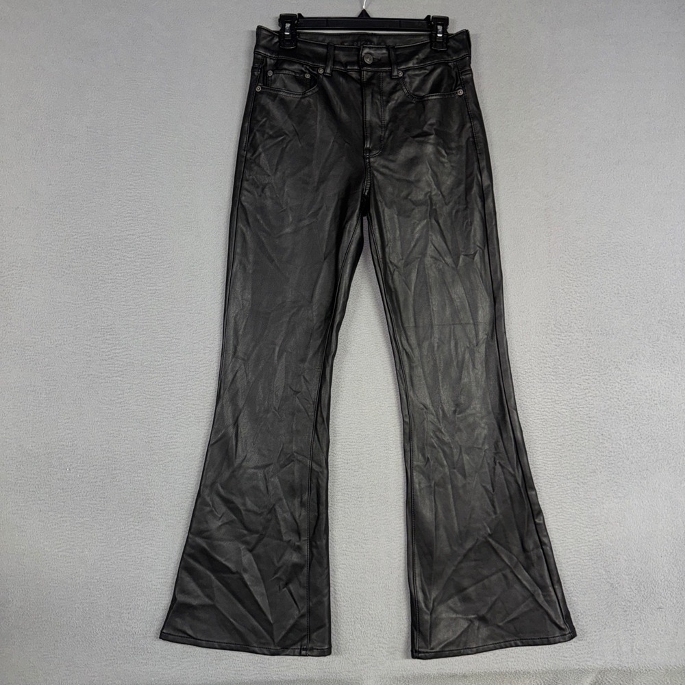 American Eagle Pants Womens 8 Black Super Hi-Rise Flare Faux Leather Stretch